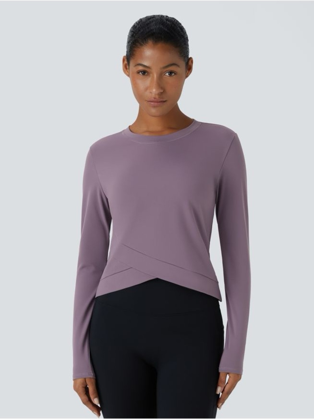 Halara SoftlyZero™ Plush Round Neck Crossover Hem Yoga Sports Top Tulip Purple M